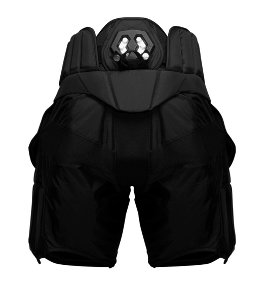 A photo of the Warrior X5 RTL Senior Goalie Pants in colour black. Back of the equipment. 
