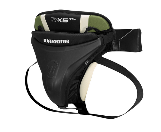 A photo of the Warrior X5 RTL Senior Goalie Jock in colour black, green and white. Side of the equipment. 