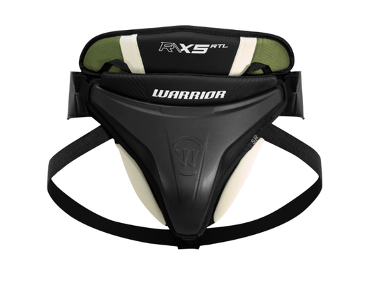 A photo of the Warrior X5 RTL Senior Goalie Jock in colour black, green and white. Front of the equipment. 
