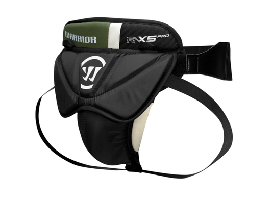 A photo of the Warrior X5 PRO Senior Goalie Jock in colour black, white and green. Side of the equipment.