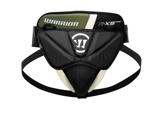 A photo of the Warrior X5 PRO Senior Goalie Jock in colour black, white and green. Front of the equipment.