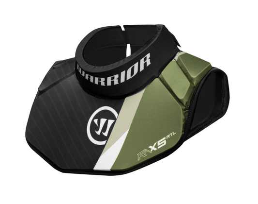 A photo of the Warrior X5 RTL Goalie Collar in colour black, green, and white. Front of the equipment. 