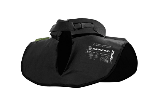 A photo of the Warrior X5 RTL Goalie Collar in colour black, green, and white. Back of the equipment. 