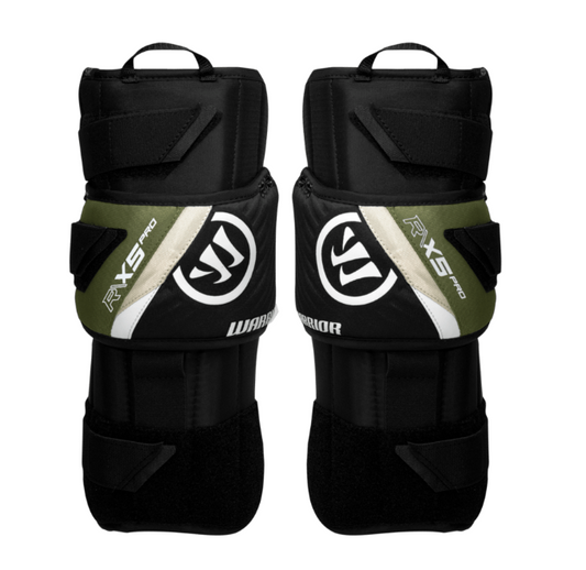 A photo of the Warrior X5 PRO Senior Goalie Knee Pads in colour black, green, and white. Front of the equipment.