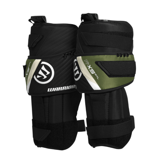 A photo of the Warrior X5 RTL Senior Goalie Knee Pads in colour black, green, and white. Side of the equipment.