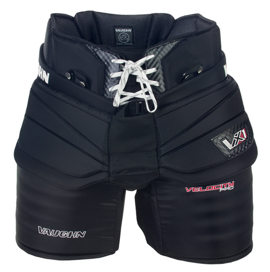 A photo of the Vaughn VX1 Pro Senior Goalie Pants in colour black. Front of pants.