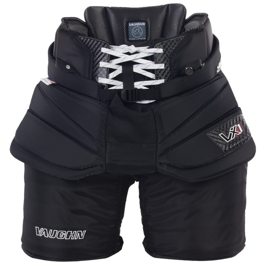 A photo of the Vaughn VX1 Pro Carbon Goalie Pants in colour black. Front of the pants.