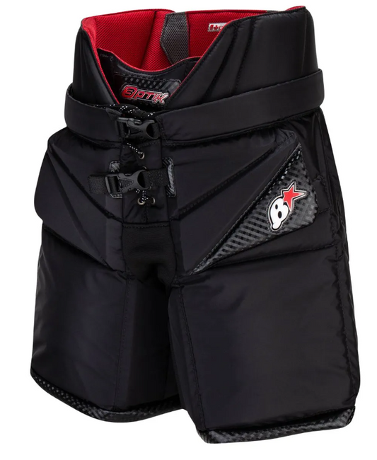 A photo of the Brian's Optik 3 Pro Goalie Pants in colour black and red. Front of the pants.