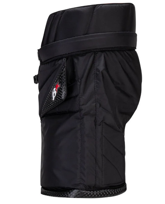 A photo of the Brian's Optik 3 Pro Goalie Pants in colour black and red. Side of the pants.