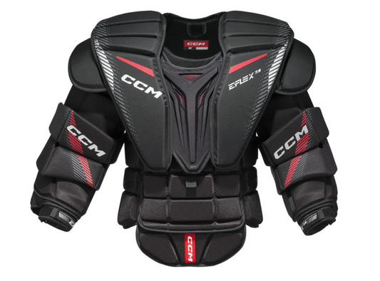 A photo of the CCM EFLEX 7.9 Goalie Chest and Arm Protector in colour black and red. Front of the pads.