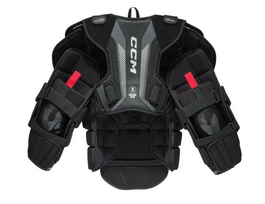 A photo of the CCM EFLEX 7.9 Goalie Chest and Arm Protector in colour black and red. Rear of the pads.