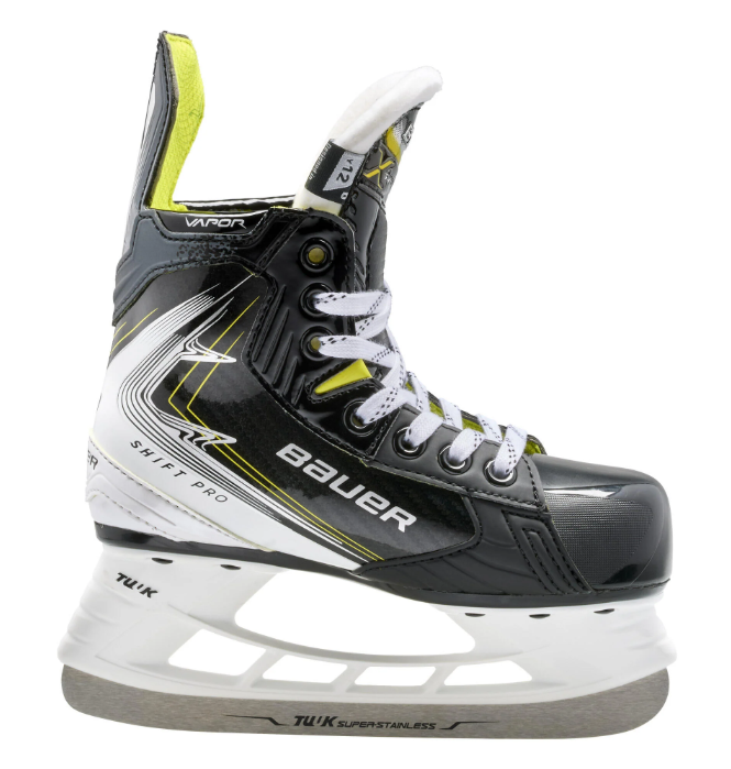 A photo of the Bauer Vapor Shift Pro Youth Hockey Skates (2025) in colour black, white and green.