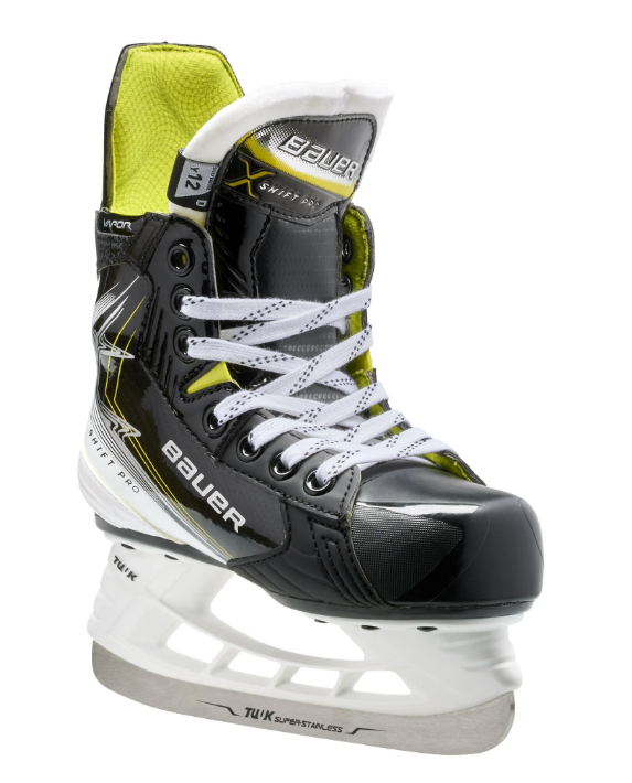 A photo of the Bauer Vapor Shift Pro Youth Hockey Skates (2025) in colour black, white and green.