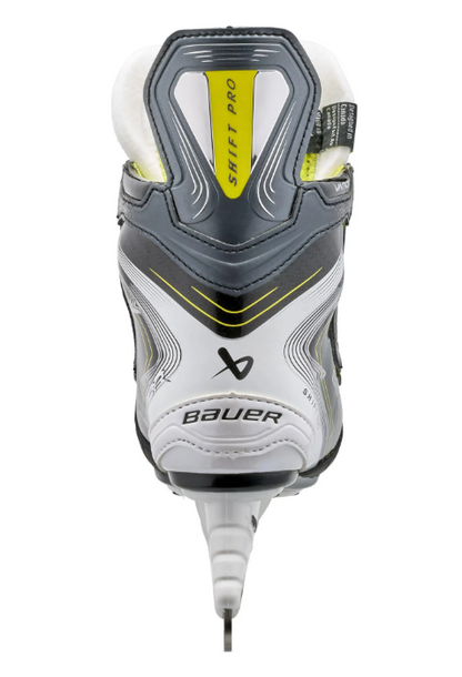 A photo of the Bauer Vapor Shift Pro Youth Hockey Skates (2025) in colour black, white and green.