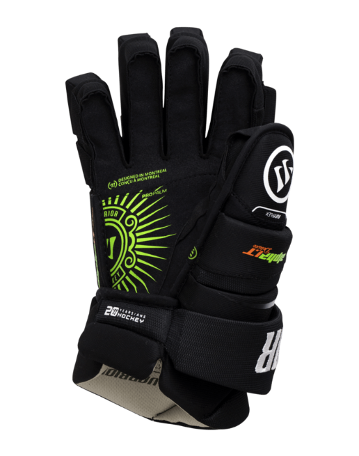 A photo of the Warrior Alpha Deluxe LT Senior Hockey Gloves in colour black and white with a green palm.