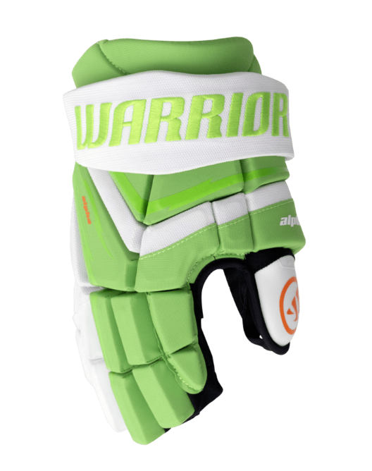 A photo of the Warrior Alpha Deluxe LT Senior Hockey Gloves in colour green and white.