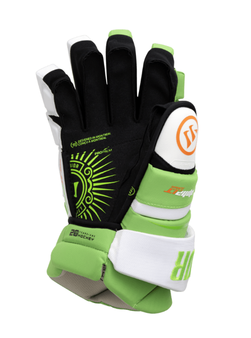 A photo of the Warrior Alpha Deluxe LT Senior Hockey Gloves in colour green and white with a black and green palm.