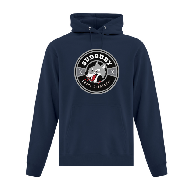 Navy hoodie with Sudbury Chase Greatness Logo on front.
