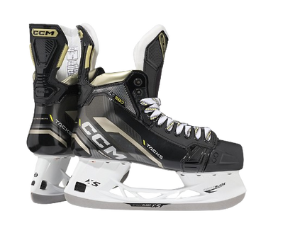 A photo of the CCM Tacks AS580 Senior Hockey Skates with Stainless Steel Blades colour black and gold main view.