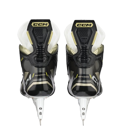 A photo of the CCM Tacks AS580 Senior Hockey Skates with Stainless Steel Blades colour black and gold back view.