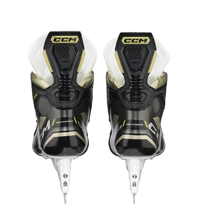 A photo of the CCM Tacks AS580 Senior Hockey Skates with Stainless Steel Blades colour black and gold back view.