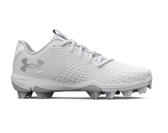 A photo of the Under Armour Glyde 2.0 RM Women's Softball Cleats in colour white and silver side view.