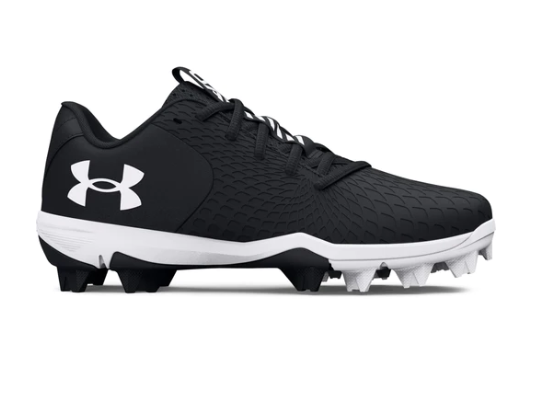 A photo of the Under Armour Glyde 2.0 RM Women's Softball Cleats in colour black, metalic back, side view.