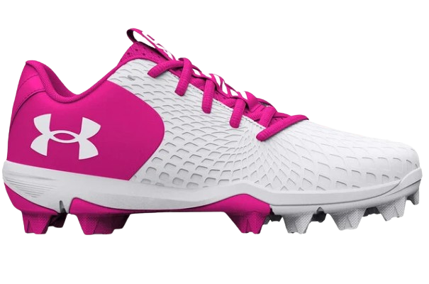 A photo of the Under Armour Glyde 2.0 RM Women's Softball Cleats in colour white and pink side view.