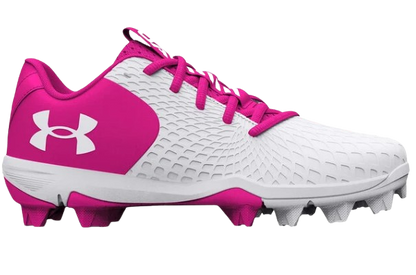 A photo of the Under Armour Glyde 2.0 RM Women's Softball Cleats in colour white and pink side view.