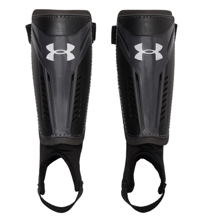 A photo of the Under Armour Youth Challenge Soccer Shin Guard in colour black front view.