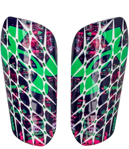 A photo of the Under Armour Shadow Pro Shin Guards in colour vapor green with glitch theme, front view.