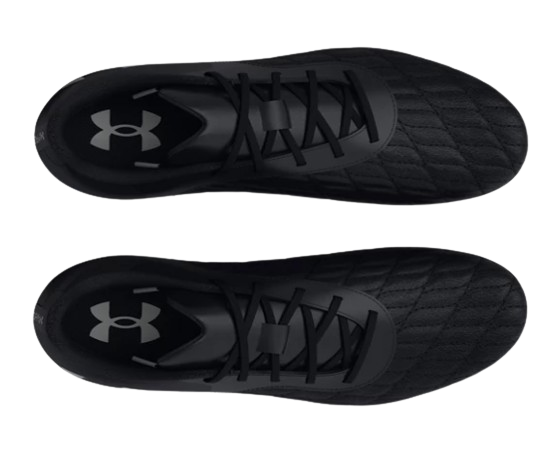 A photo of the Under Armour Magnetico Select 3.0 FG Soccer Cleats in all black colour, top down view.