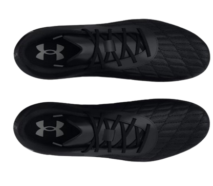 A photo of the Under Armour Magnetico Select 3.0 FG Soccer Cleats in all black colour, top down view.