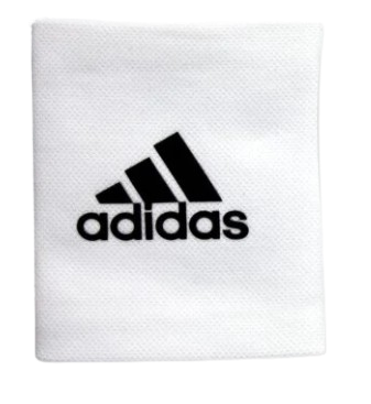 A photo of the adidas shin guard stays in colour white with adidas logo in colour black