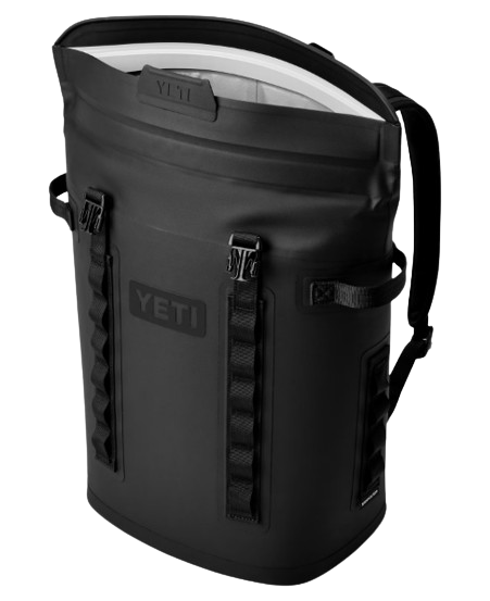 A photo of the Yeti Hopper M20 Backpack Soft Cooler side, open view in black