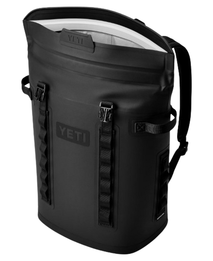 A photo of the Yeti Hopper M20 Backpack Soft Cooler side, open view in black