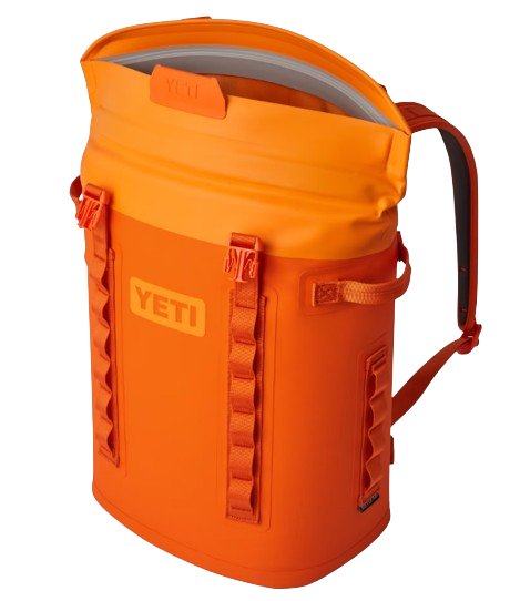 A photo of the Yeti Hopper M20 Backpack Soft Cooler side, open view in king crab orange