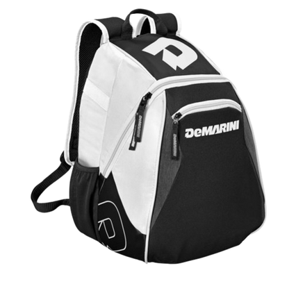 A photo of the DeMarini Voodoo Jr Backpack in colour white, side view.