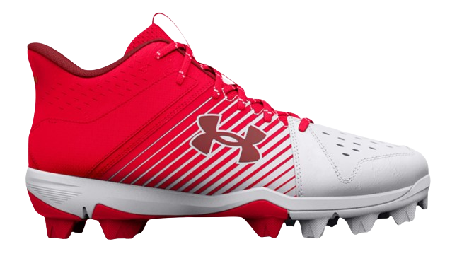 A photo of the Under Armour Junior Leadoff Mid RM Cleats in colour red and white