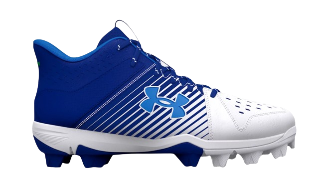 A photo of the Under Armour Junior Leadoff Mid RM Cleats in colour royal and white
