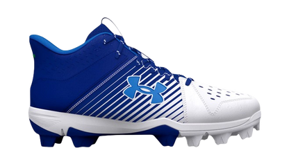 A photo of the Under Armour Junior Leadoff Mid RM Cleats in colour royal and white