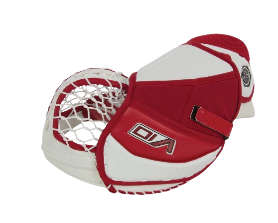 A photo of the Vaughn V10 Junior Goalie Catcher in colour white and red side view.