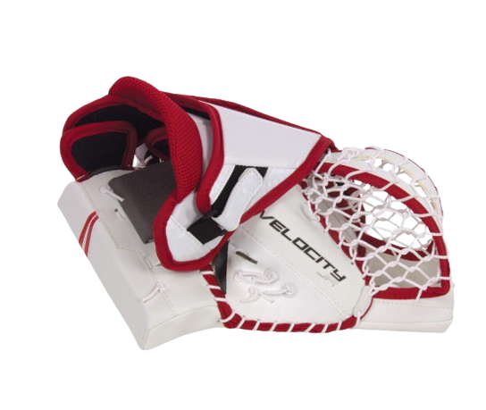 A photo of the Vaughn V10 Junior Goalie Catcher in colour white and red rear view.