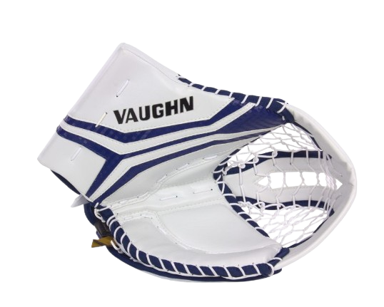 A photo of the Vaughn V10 Junior Goalie Catcher in colour white and blue front view.