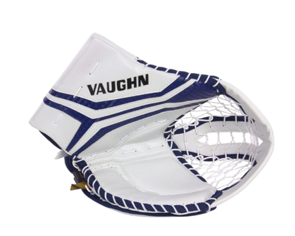 A photo of the Vaughn V10 Junior Goalie Catcher in colour white and blue front view.