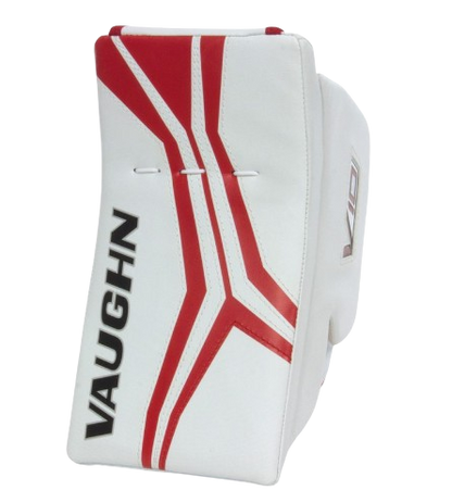 A photo of the Vaughn V10 Junior Goalie Blocker in colour white and red, blocker view.