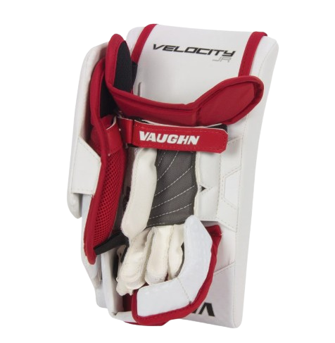 A photo of the Vaughn V10 Junior Goalie Blocker in colour white and red, palm view.