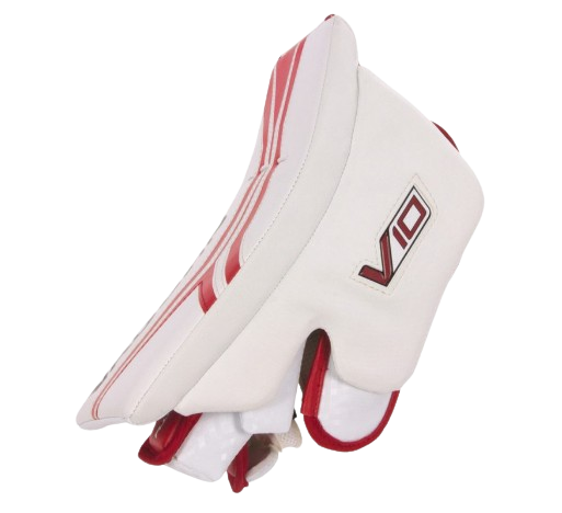 A photo of the Vaughn V10 Junior Goalie Blocker in colour white and red, side view.