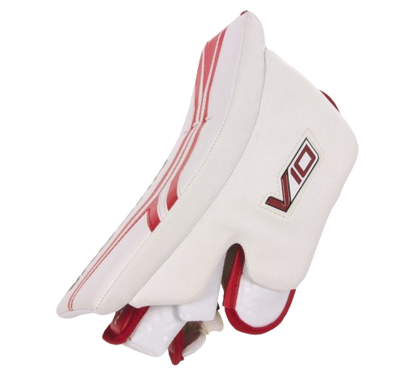 A photo of the Vaughn V10 Junior Goalie Blocker in colour white and red, side view.