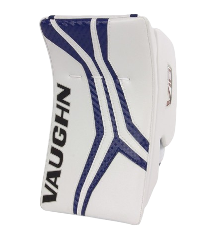 A photo of the Vaughn V10 Junior Goalie Blocker in colour white and blue, blocker view.